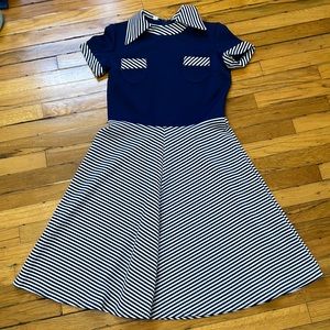XS Vintage Navy Striped A-Line Dress